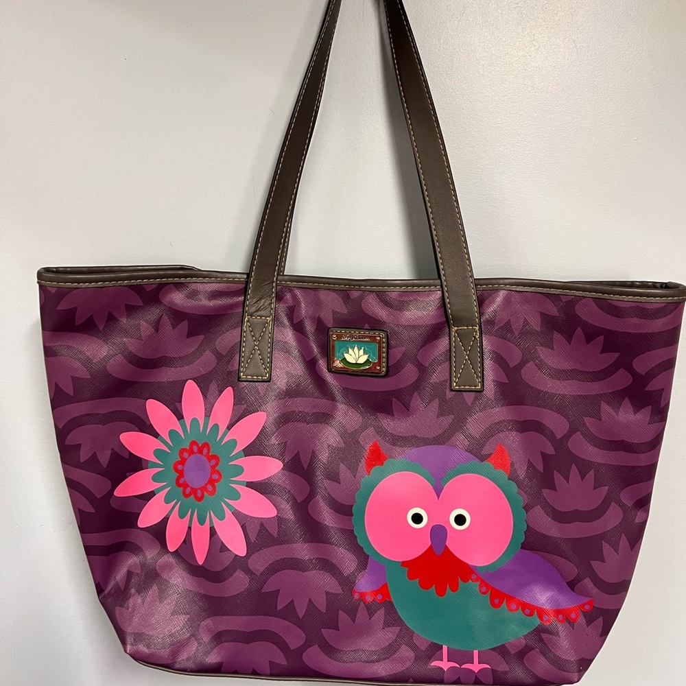 Lily Bloom Owl Tote Purple And Pink With Gray Faux Leather Handles Blue Interior